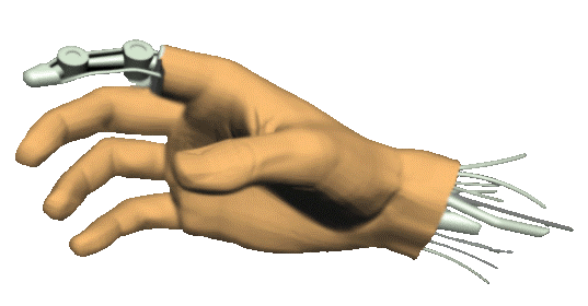 Illustration of a prosthetic hand with mechanical components and signal leads